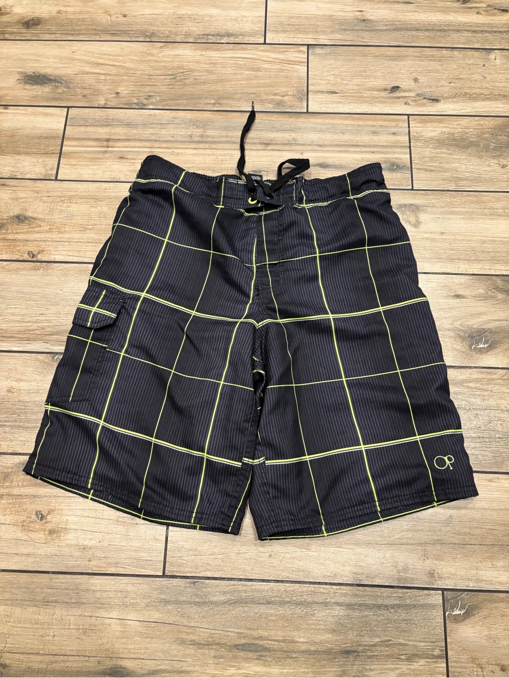 Vintage Y2K Op Ocean Pacific Black Neon Green Grid Plaid Boardshorts Size M⁠